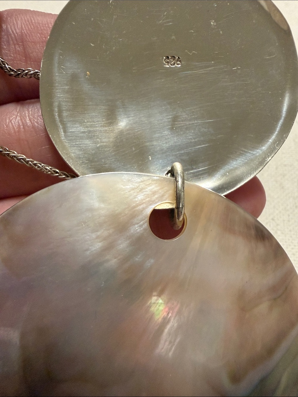 Sterling silver 925 Iridescent Mother-of-Pearl Double Disc Pendant Necklace - Picture 3 of 10